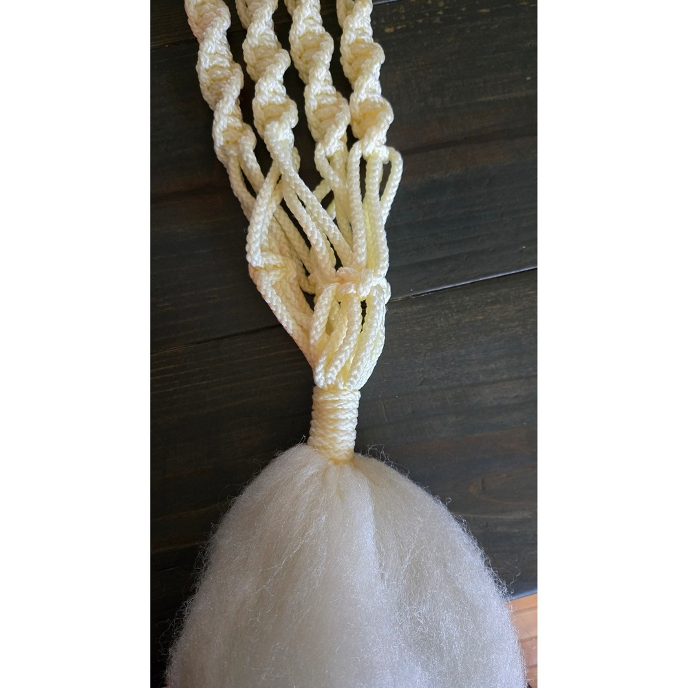 Vintage Macrame Plant Hanger Ivory Spiral Knot Boho Decor with Fluffy Tassel 31" - Picture 2 of 7